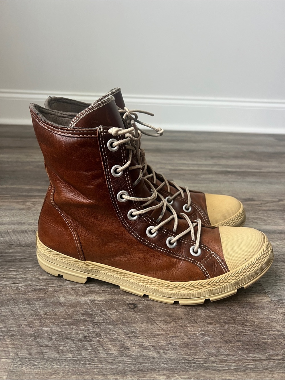 Converse Brown Leather High-Top Sneakers with Tan Toe Cap